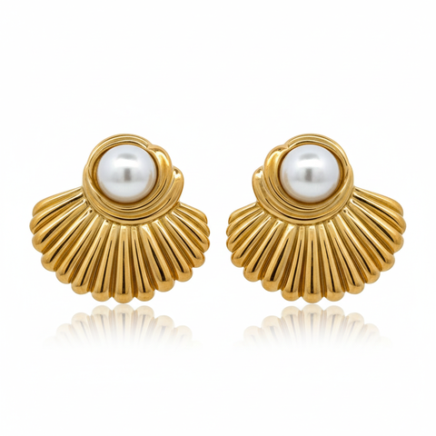 18K Yellow Gold Plated Crystal Pearl Shell Stud Earrings