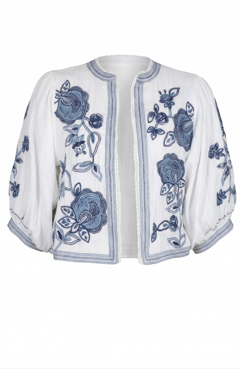 Modenaire Floral Embroidered Open Front Jacket, Alternate, color, White