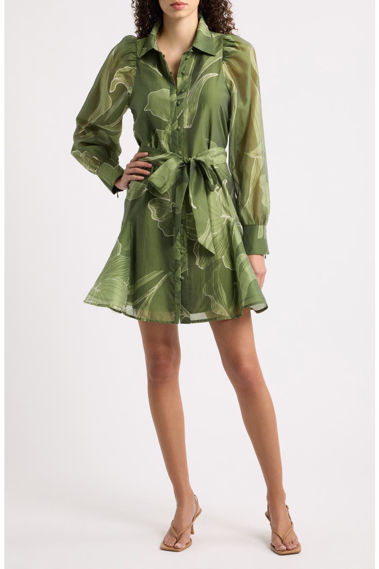 Silvie Long Sleeve Tie Belt Shirtdress, Main, color, OLIVE MULTI