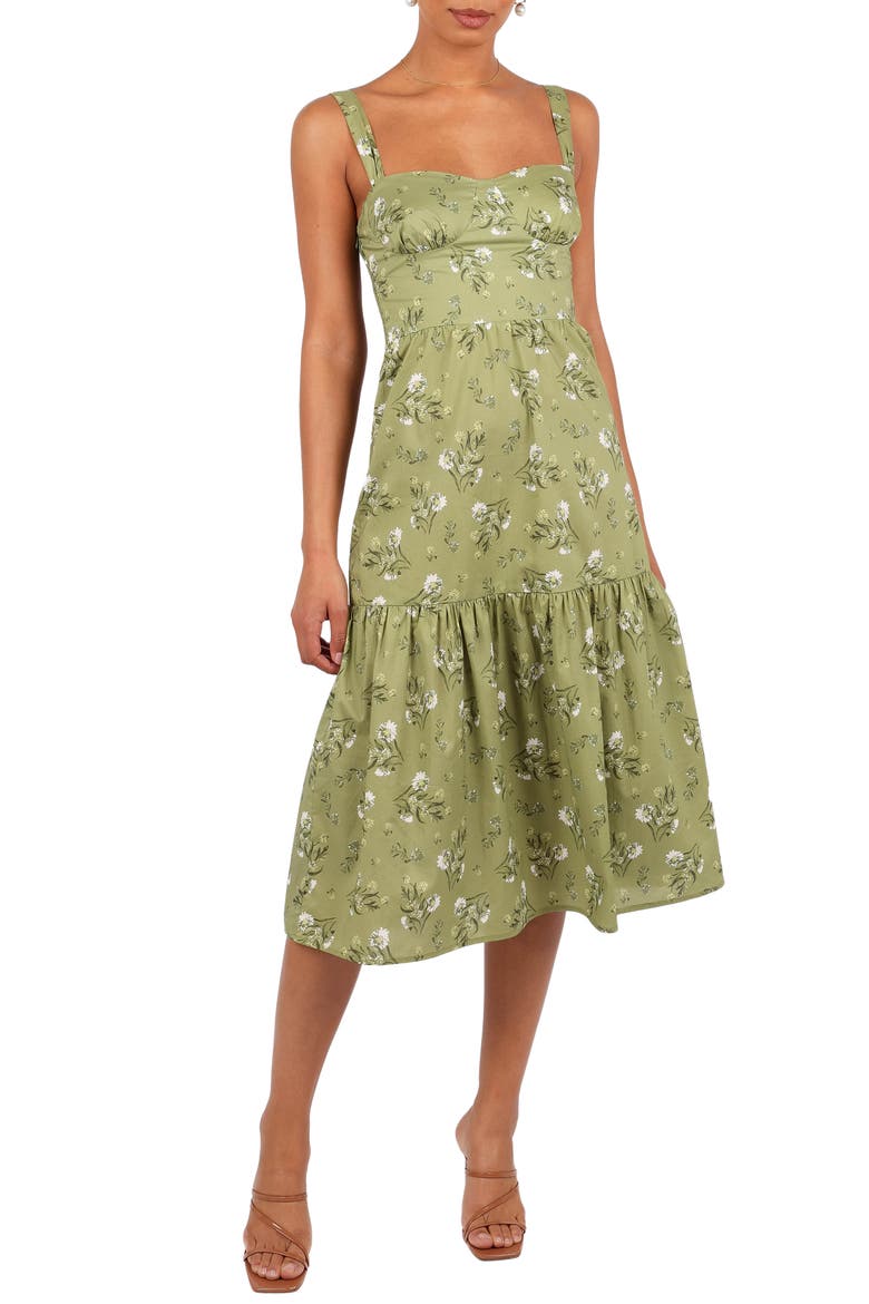 Floral Sleeveless Tiered Cotton Midi Dress, Main, color, SAGE BOTANICA