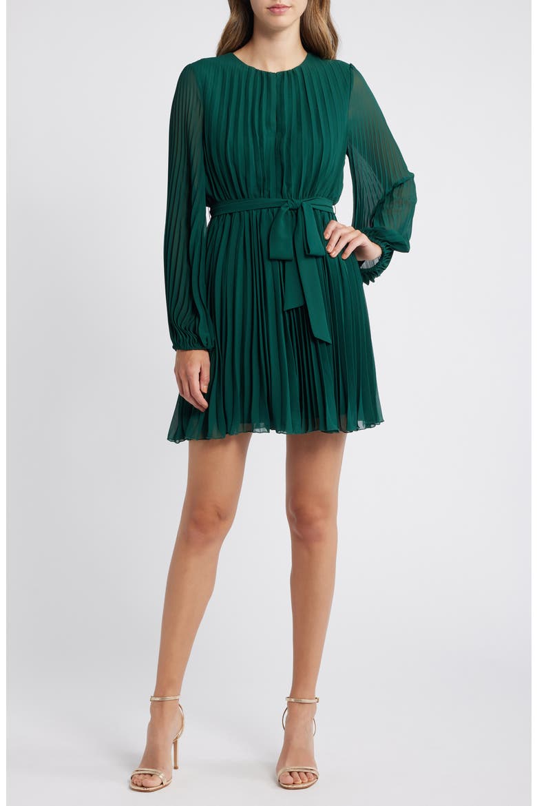 Tie Belt Long Sleeve Plissé Minidress, Main, color, HUNTER