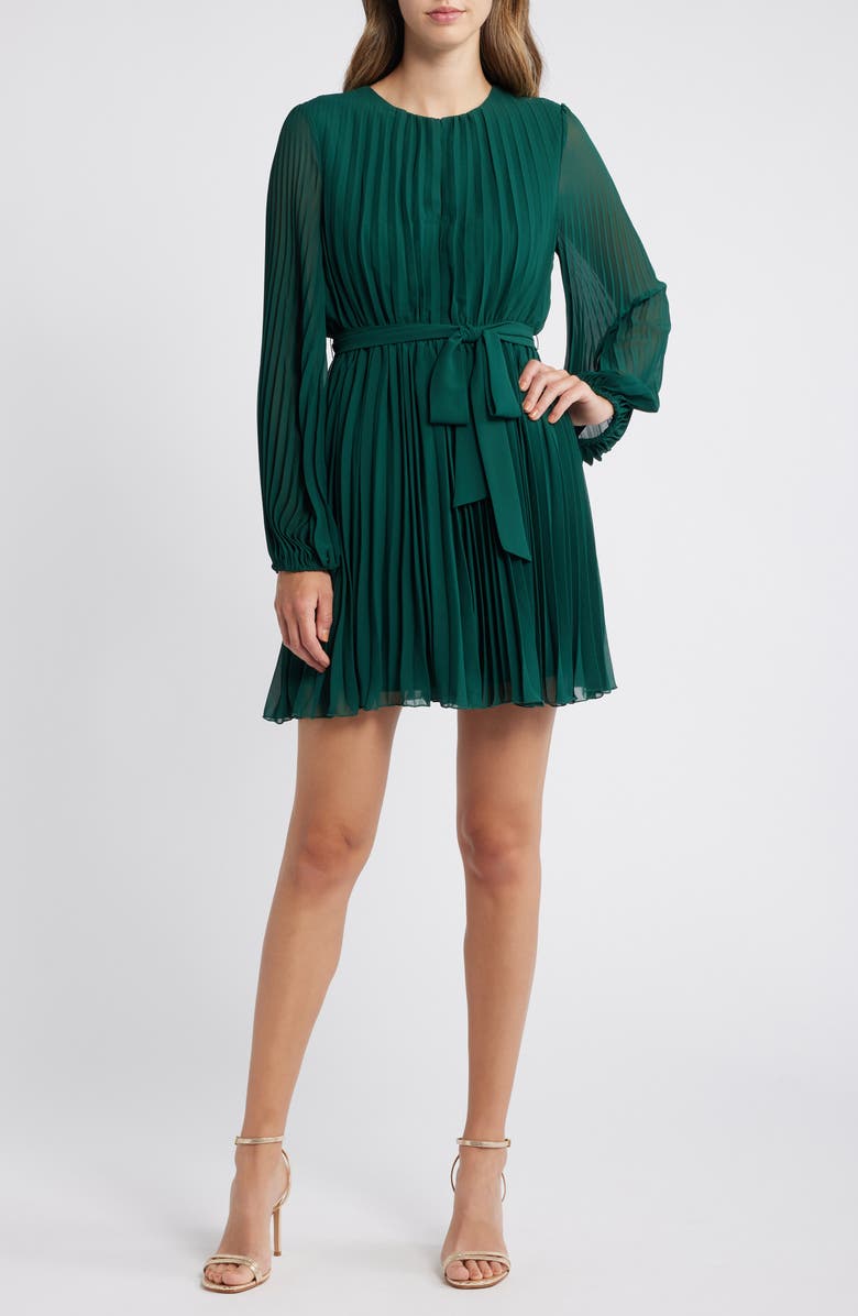 Sam Edelman Tie Belt Long Sleeve Plissé Minidress, Main, color, Hunter