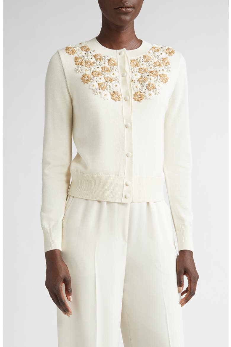 Beaded & Embroidered Floral Wool Blend Cardigan, Main, color, ECRU