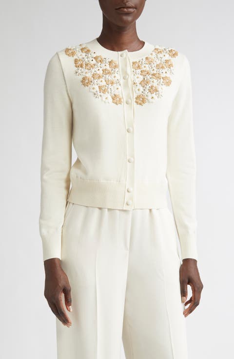Beaded & Embroidered Floral Wool Blend Cardigan