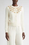 ST. JOHN Beaded & Embroidered Floral Wool Blend Cardigan