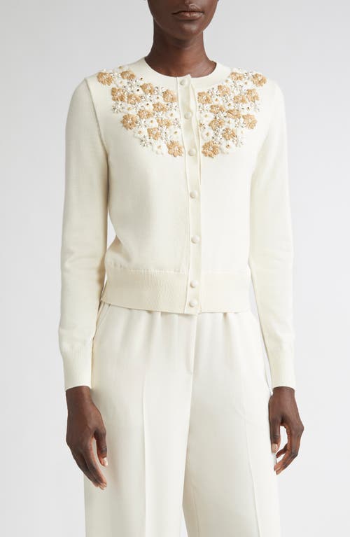 St John St. John Beaded & Embroidered Floral Wool Blend Cardigan In Neutral