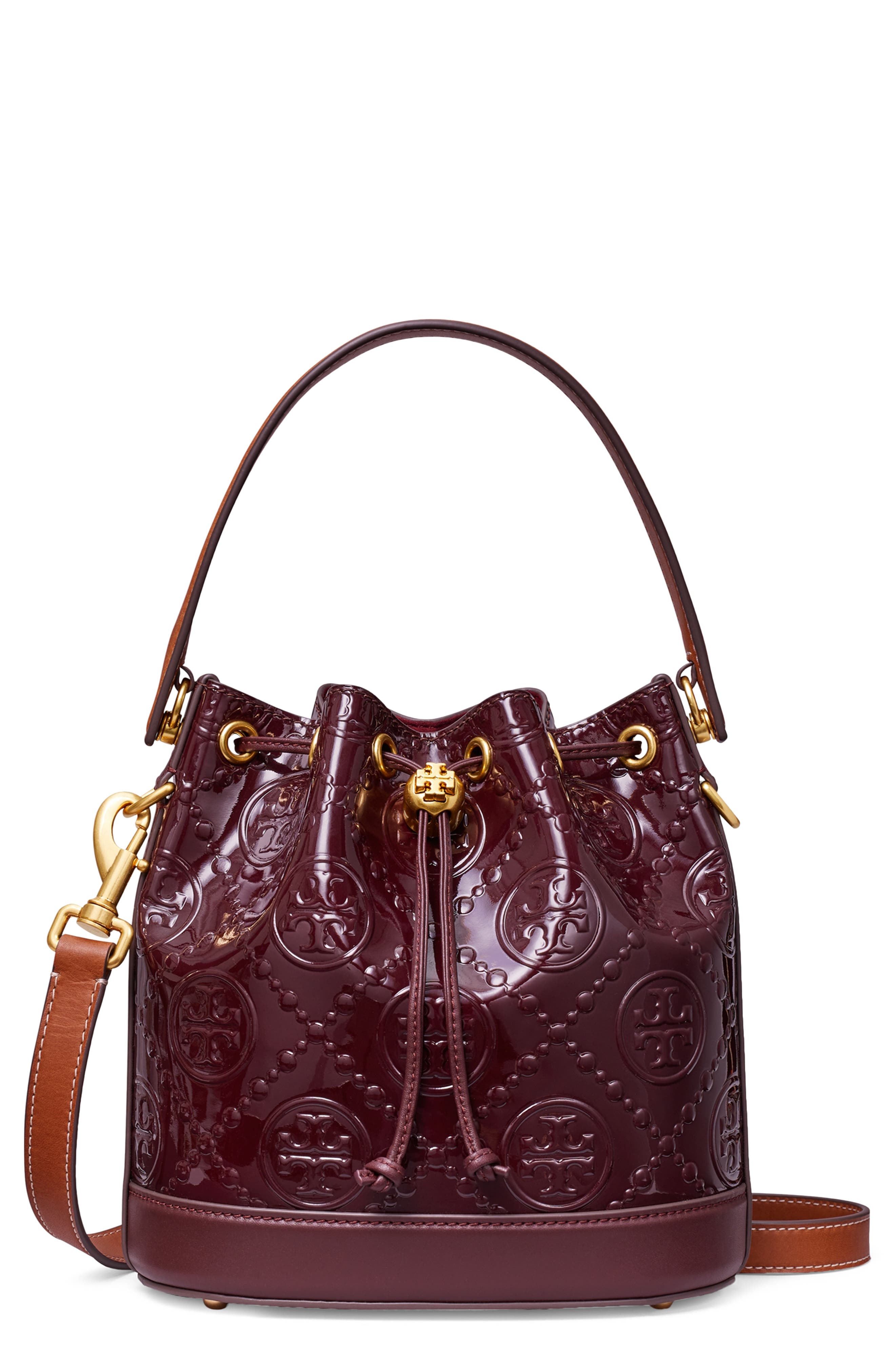 Tory Burch T Monogram Patent Leather Bucket Bag, Main, color, 
