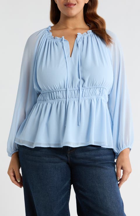 Split Neck Peplum Top (Plus Size)