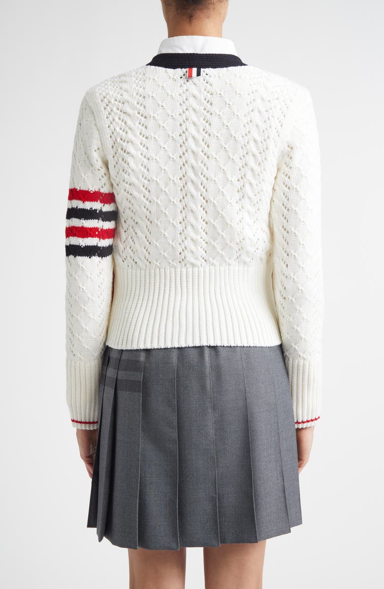 Thom Browne 4-Bar Cable Stitch Virgin Merino Wool Cardigan, Alternate, color, White