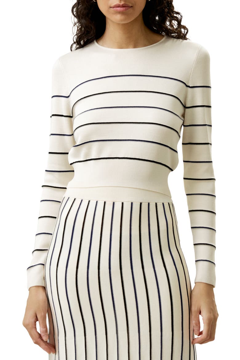 Cropped Silk-knitted Long Sleeve Tee for, Main, color, White with stripes