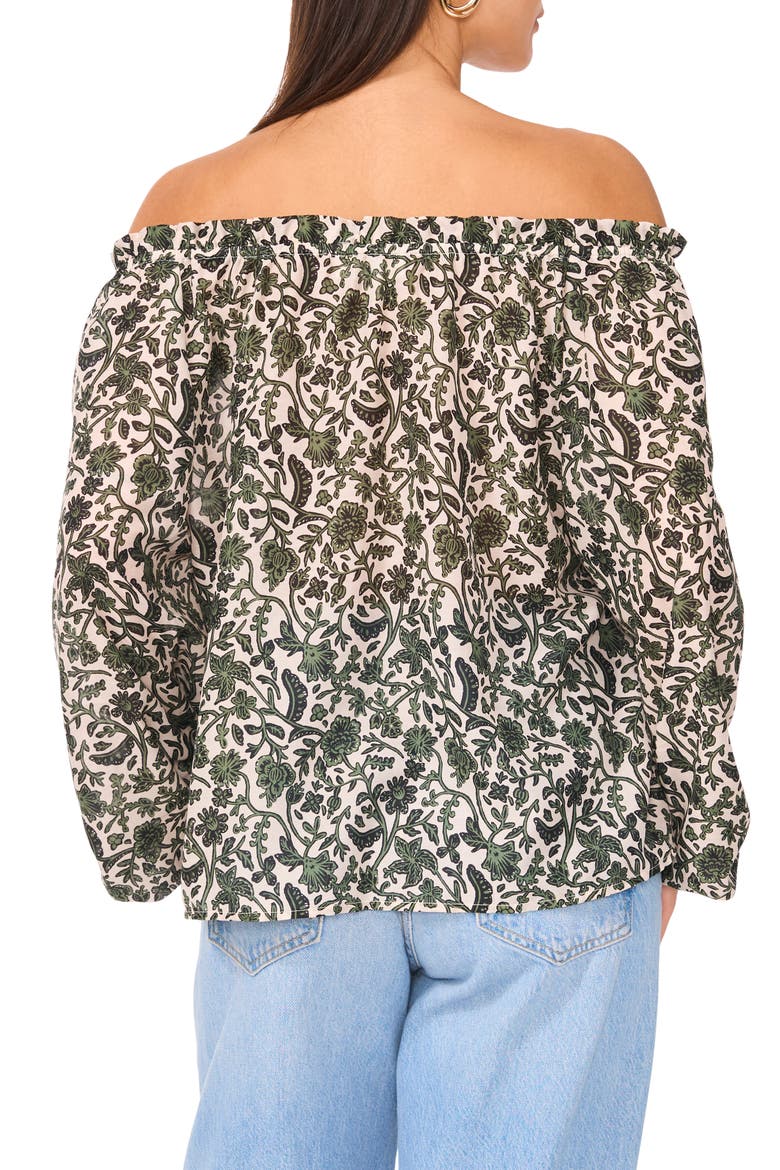 Floral Off the Shoulder Button-Up Top, Alternate, color, DARK GREEN
