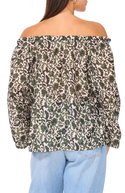 Two By Vince Camuto Floral Off The Shoulder Button-up Top In Dark Green