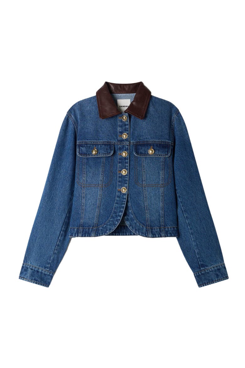 Denim jacket with leather collar, Alternate, color, Blue jean