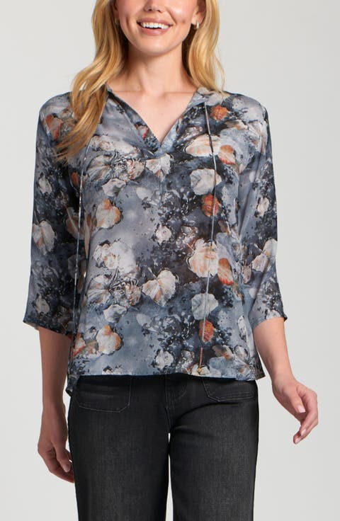 Print Tassel Split Neck Chiffon Top