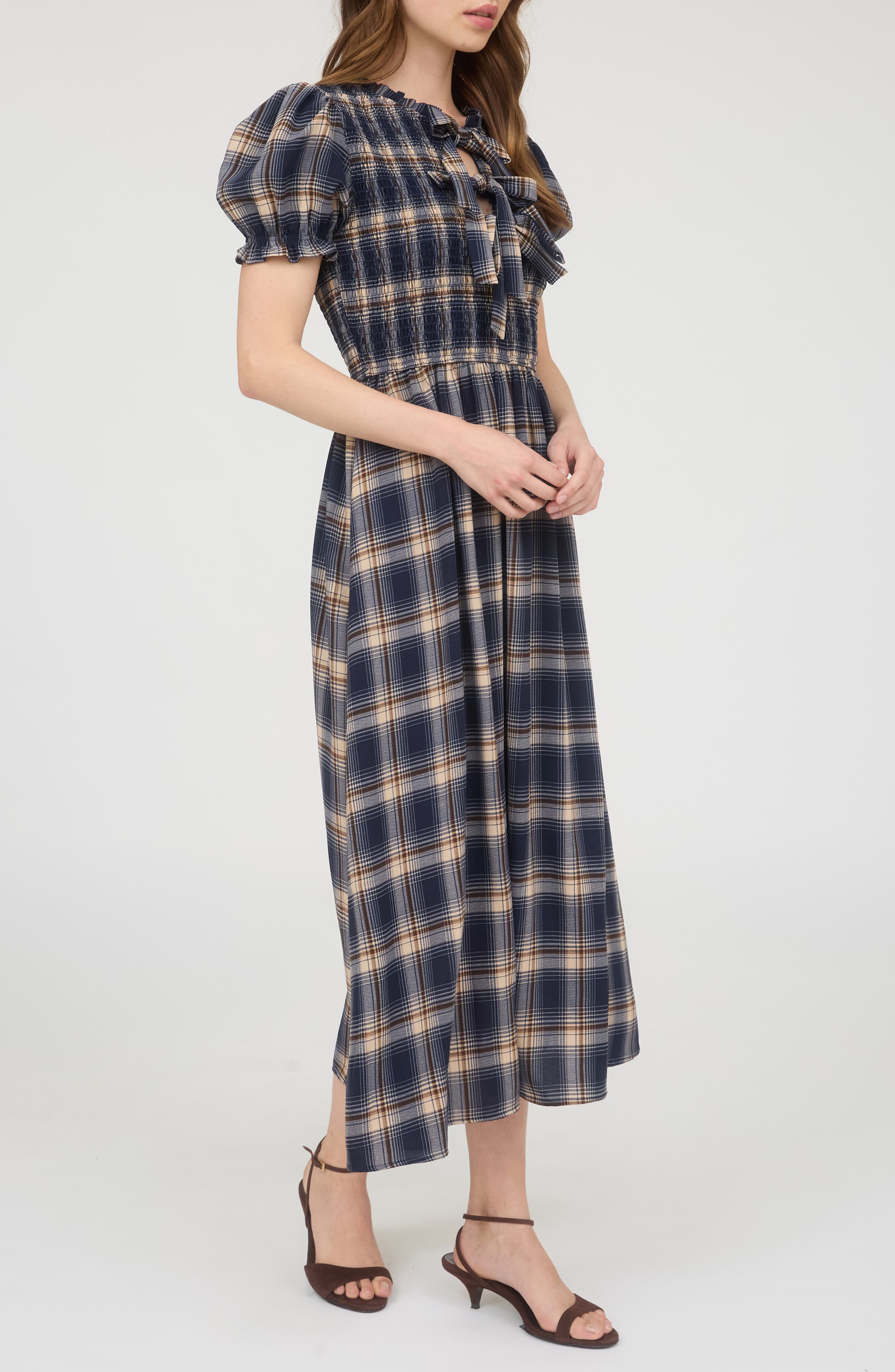Plaid Tie Front Midi Dress
