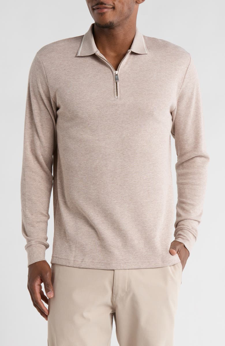 DENIM AND FLOWER Textured Long Sleeve Zip Polo, Main, color, Sand