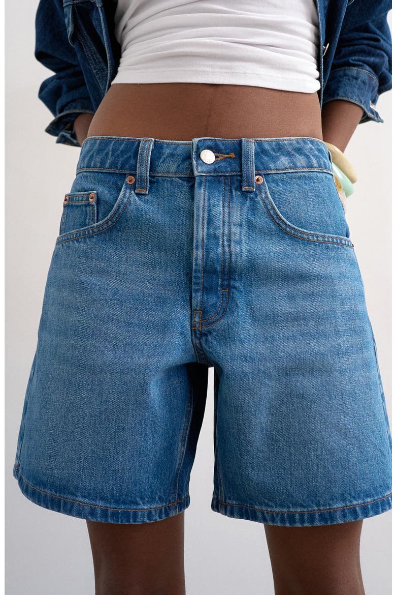 Editor Mid Rise Cotton Denim Shorts, Alternate, color, BLUE
