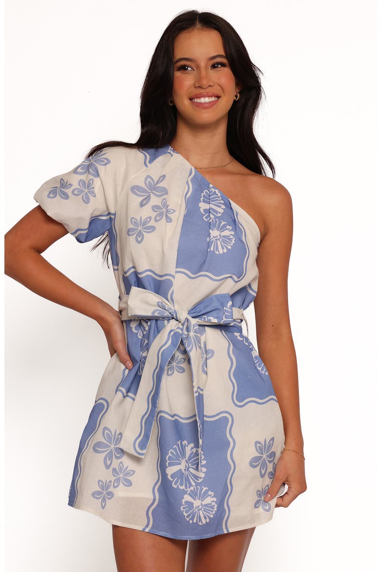 Dylan Printed One-Shoulder Minidress, Alternate, color, BLUE DAHLIA