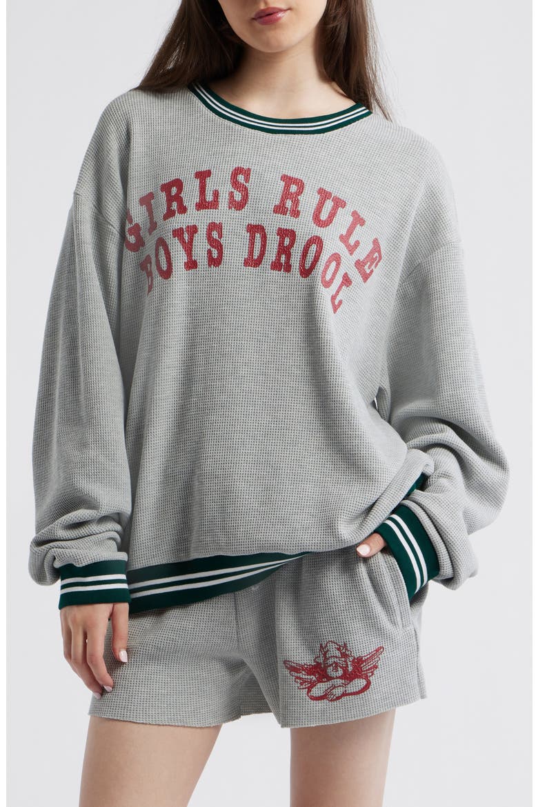 Girls Rule Boys Drool Waffle Knit Sweatshirt, Main, color, HEATHER GREY