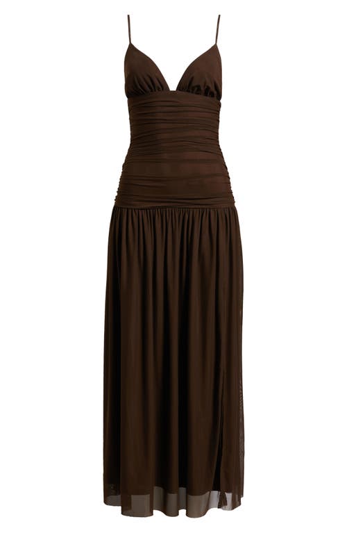 Rare London Ruched Drop Waist Sleeveless Gown In Brown