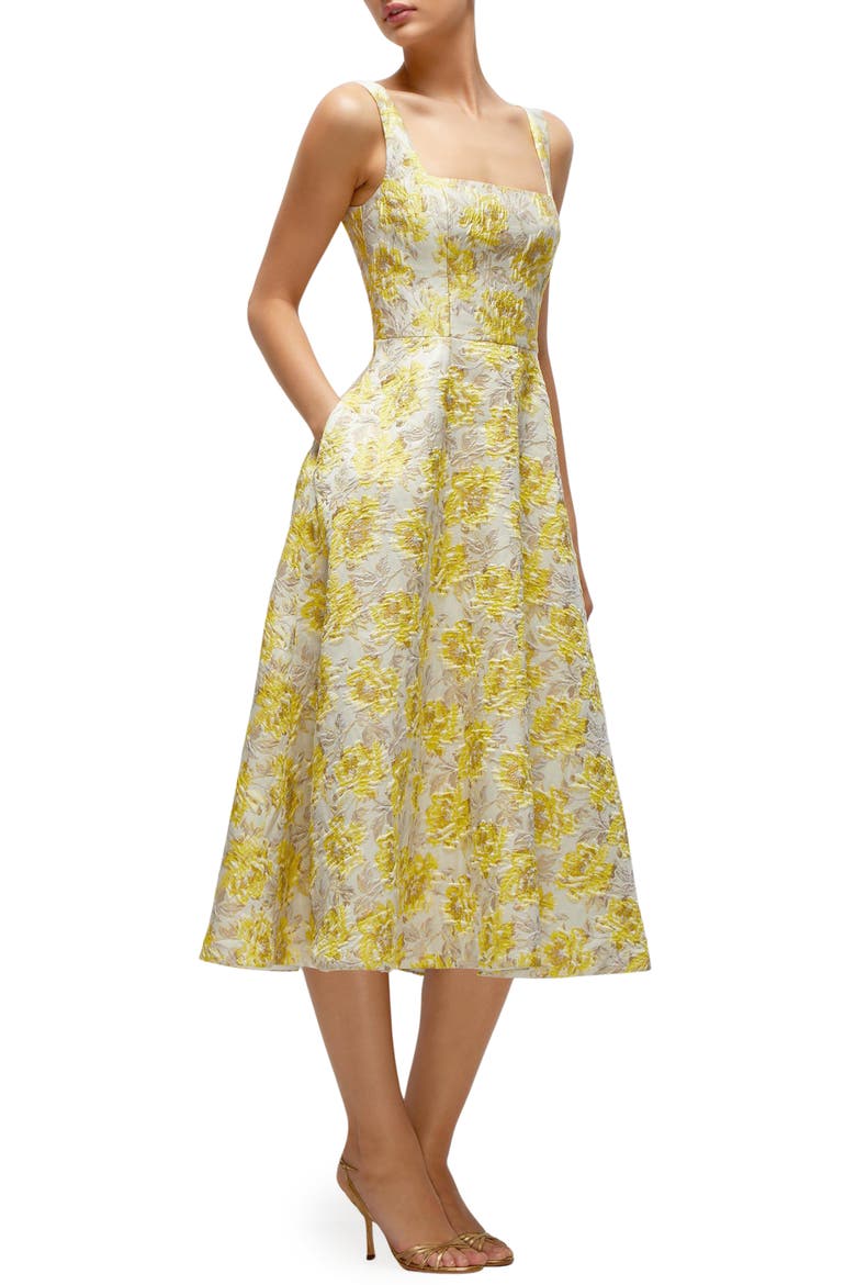 Golden Metallic Floral Midi Cocktail Dress, Alternate, color, GOLDEN YELLOW