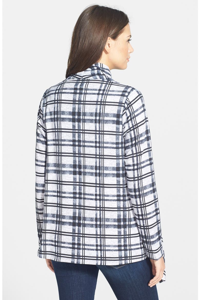 One-Button Print Fleece Cardigan, Alternate, color, GREY/ BLACK PLAID