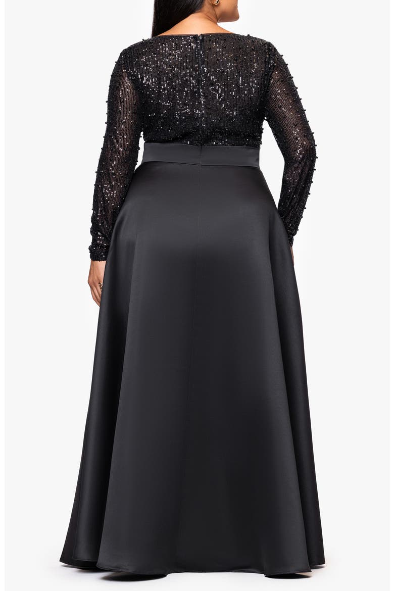 Sequin Bodice Long Sleeve Gown, Alternate, color, BLACK