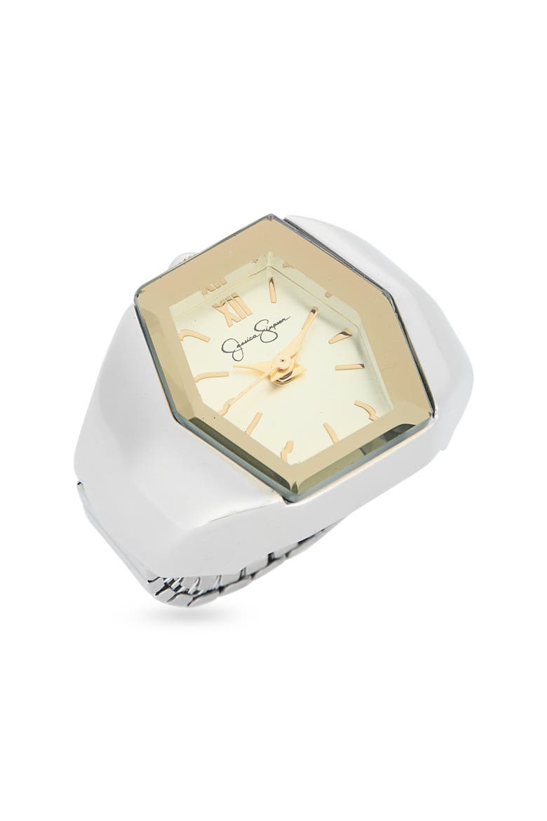 Tonneau Faceted Glass Ring Watch, Main, color, SILVER GOLD