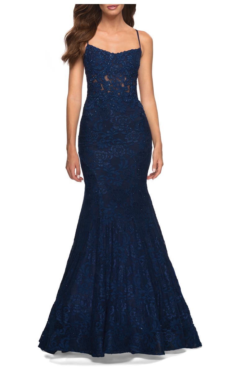 La Femme Mermaid Lace Gown with Sheer Bodice and Open Back, Main, color, Navy