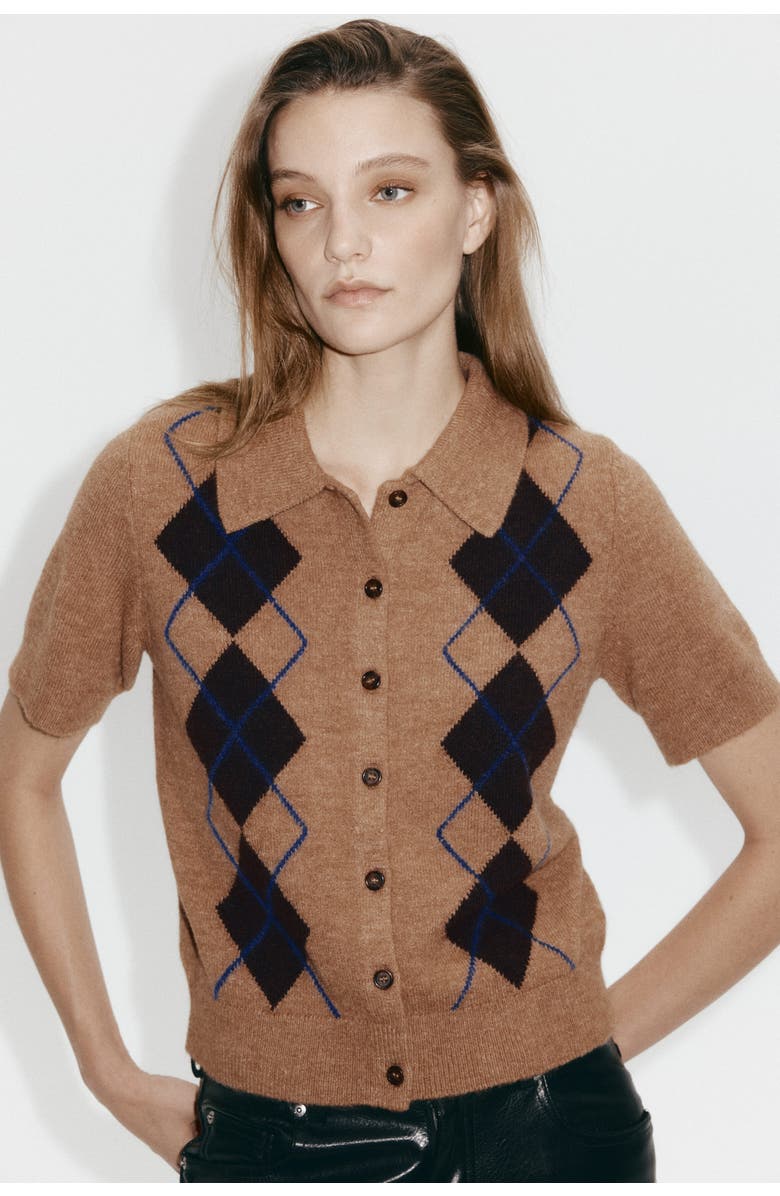 H&M Collared Cardigan, Alternate, color, Dark Beige/Argyle