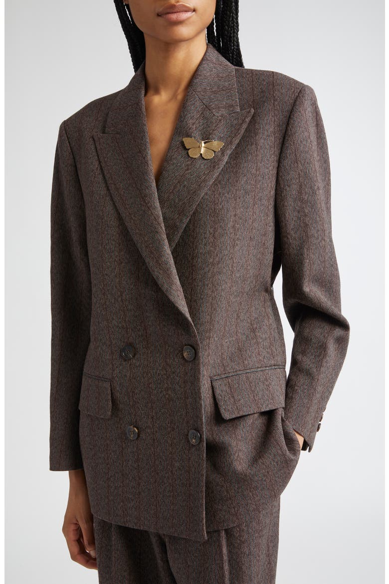 Journey Double Breasted Pinstripe Virgin Wool Blazer, Alternate, color, COCOA BROWN/ TURQUOISE