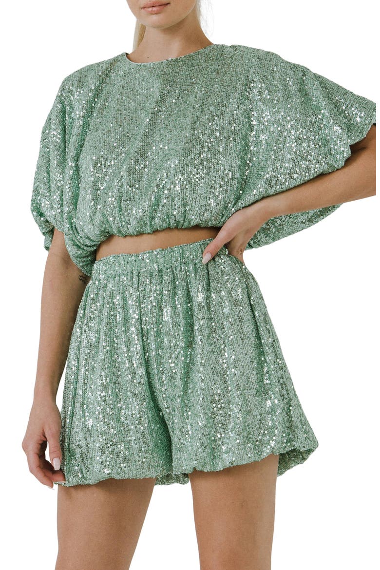 Sequin Puff Crop Top, Main, color, GREEN