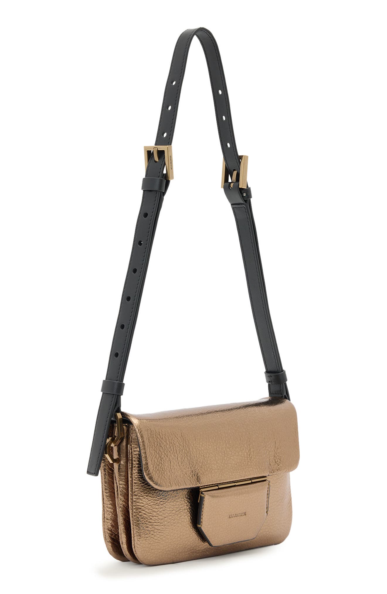 AllSaints Jupiter Metallic Leather Crossbody Bag, Alternate, color, Warm Brass