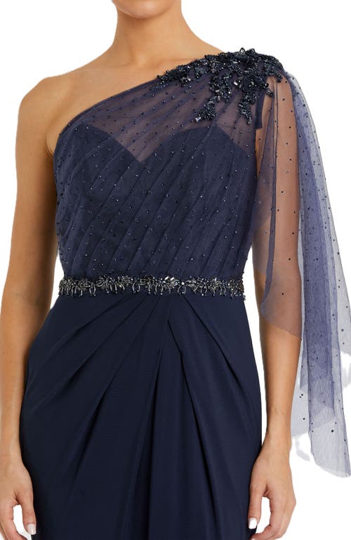 Mac Duggal Beaded One-shoulder Sheath Gown In Navy