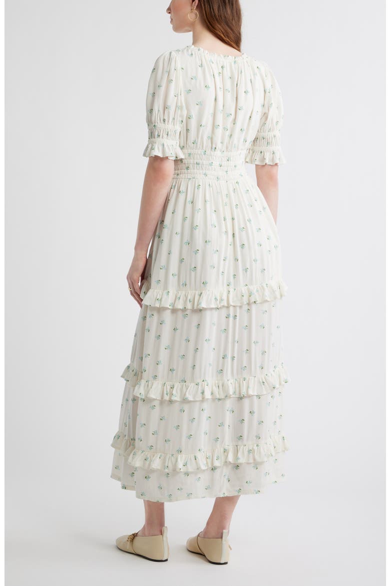Smock Waist Ruffle Trim Tiered Maxi Dress, Alternate, color, IVORY- BLUE GARDEN DITSY