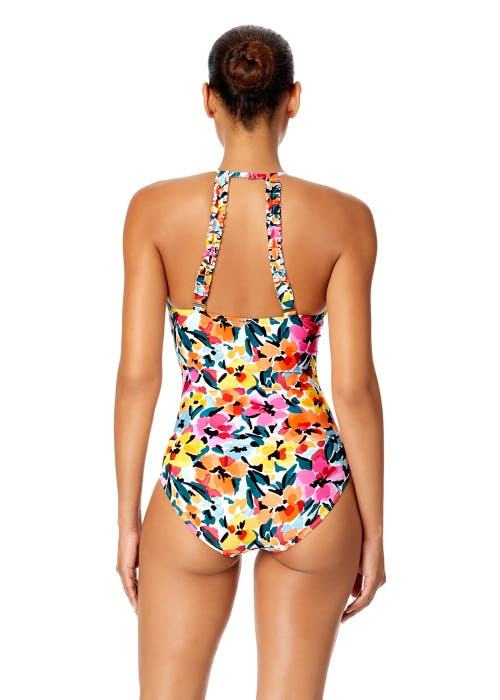 ANNE COLE WATERCOLOR PAISLEY HIGH NECK WITH RUFFLED STRAPS ONE PIECE SWIMSUIT