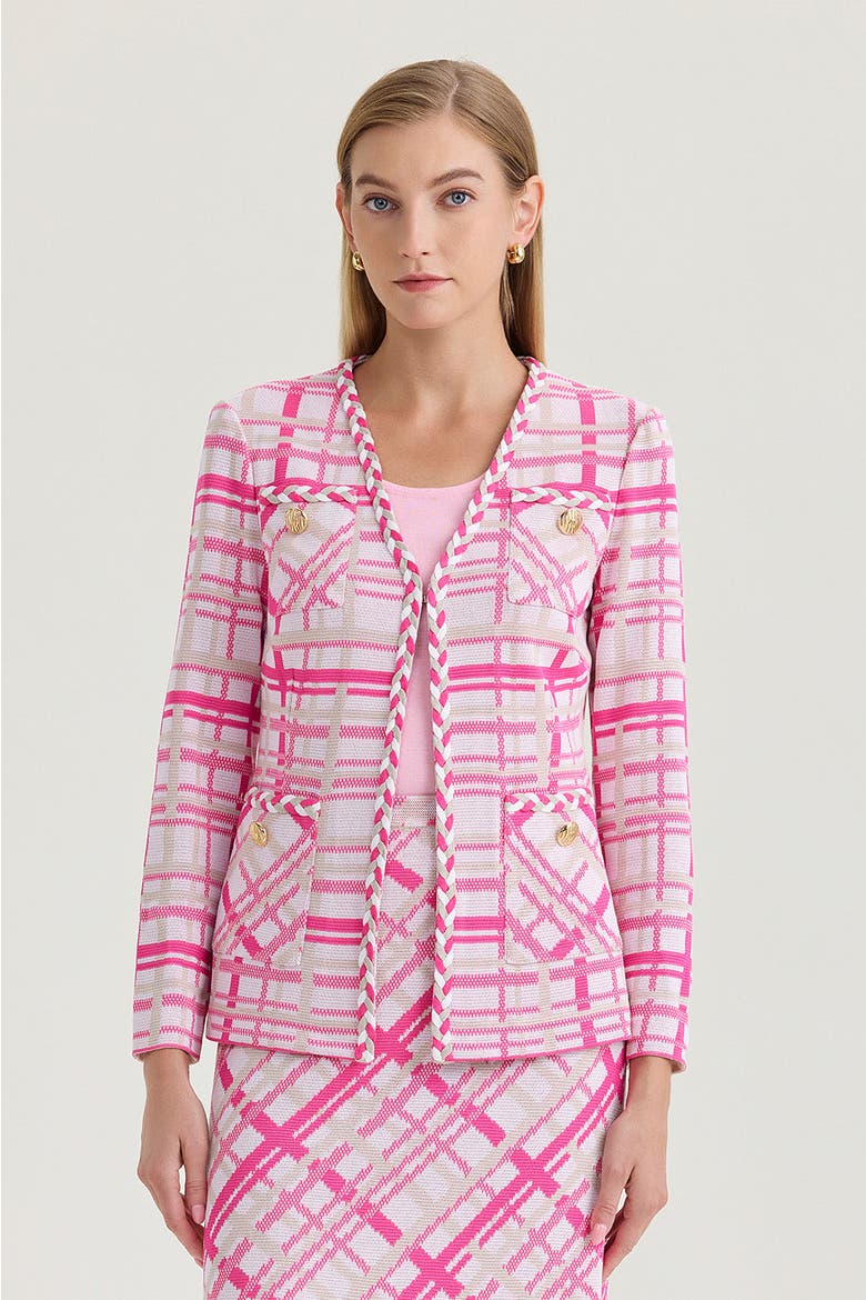Heritage Braided Trim Plaid Knit Jacket, Main, color, Carmine Rose/Pink