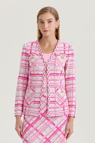 Ming Wang Heritage Braided Trim Plaid Knit Jacket