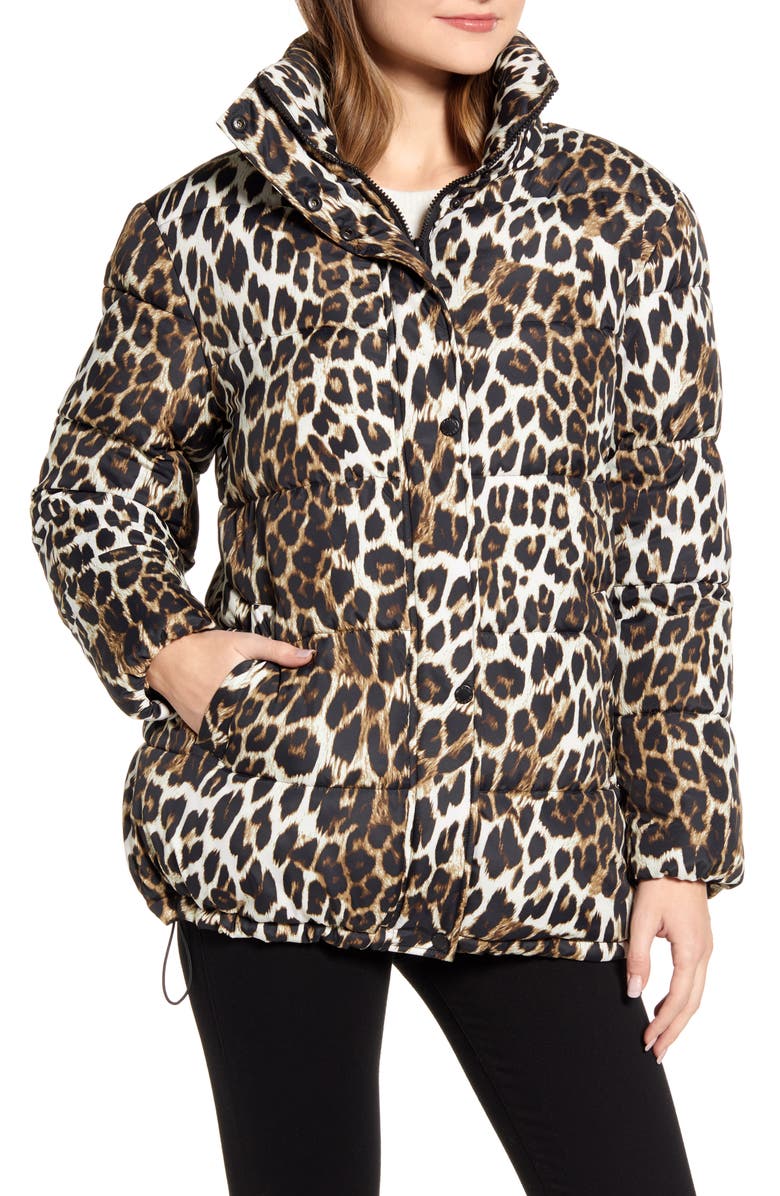 Via Spiga Stand Collar Water Resistant Leopard Print Puffer Coat, Main, color,