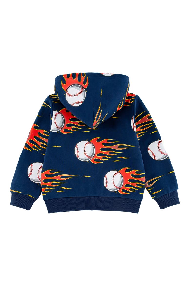 Kids' Flaming Baseball Print Zip Hoodie, Alternate, color, BLUE