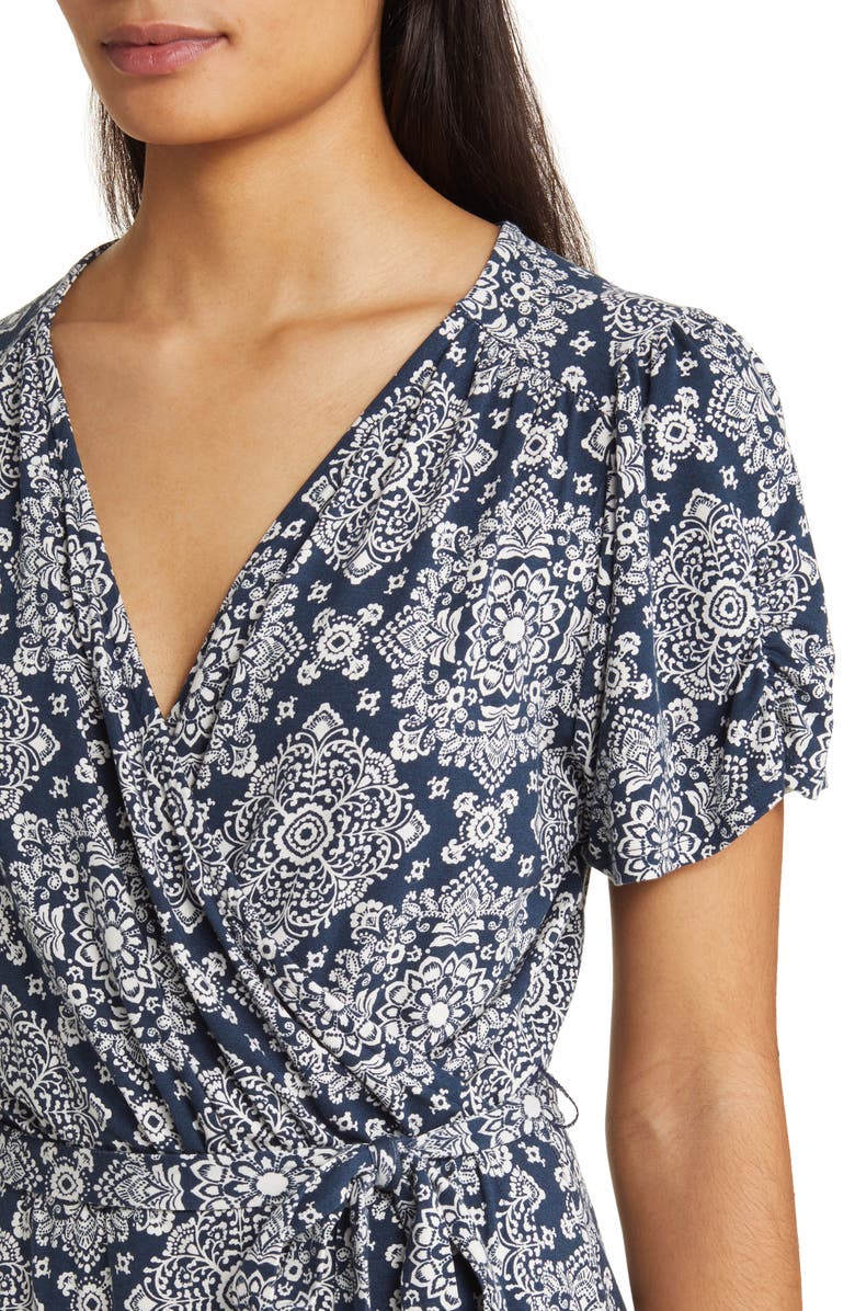 Loveappella Short Sleeve Faux Wrap Dress, Alternate, color, Navy/ Ivory