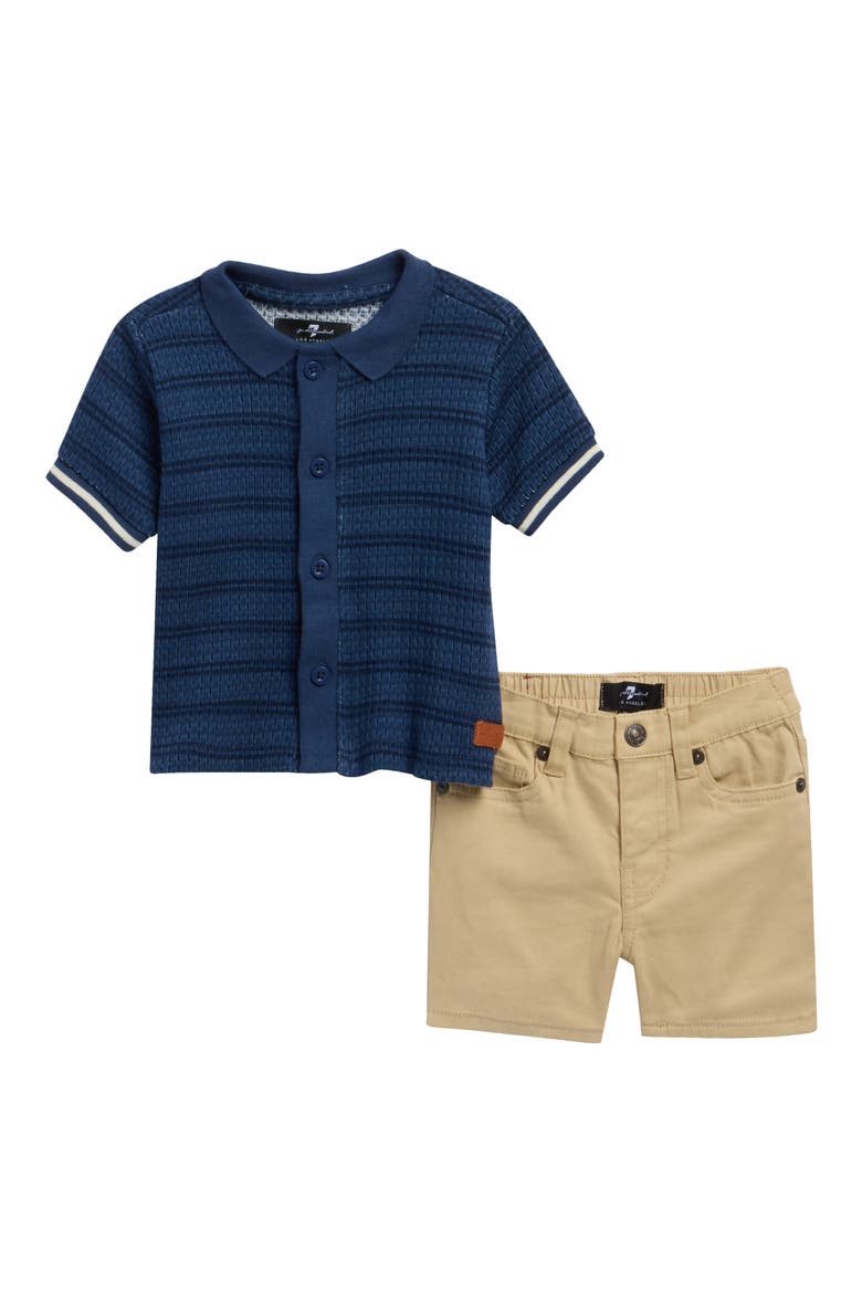Knit Button-Up Shirt & Woven Shorts Set, Main, color, NAVY