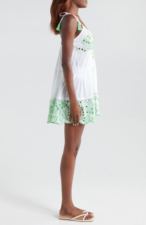 Ramy Brook Makenzy Eyelet Tassel Strap Cover-up Minidress In White/palm Green