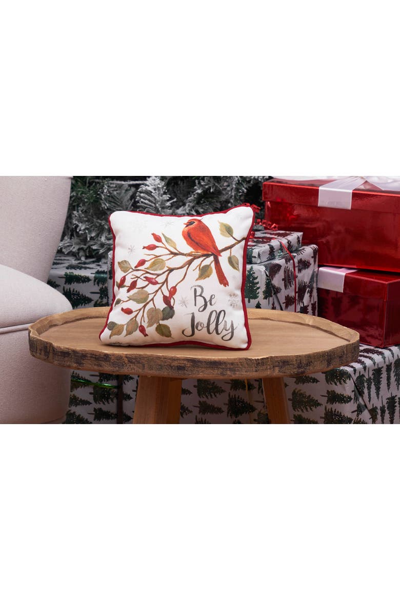 Be Jolly Cardinal Small Petite Size Printed Christmas Small Petite Size Accent Throw Pillow, 8" x 8", Alternate, color, White
