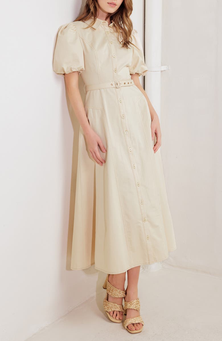 FREEMARKET Puff Sleeve Belted Cotton Shirtdress, Alternate, color, Almond