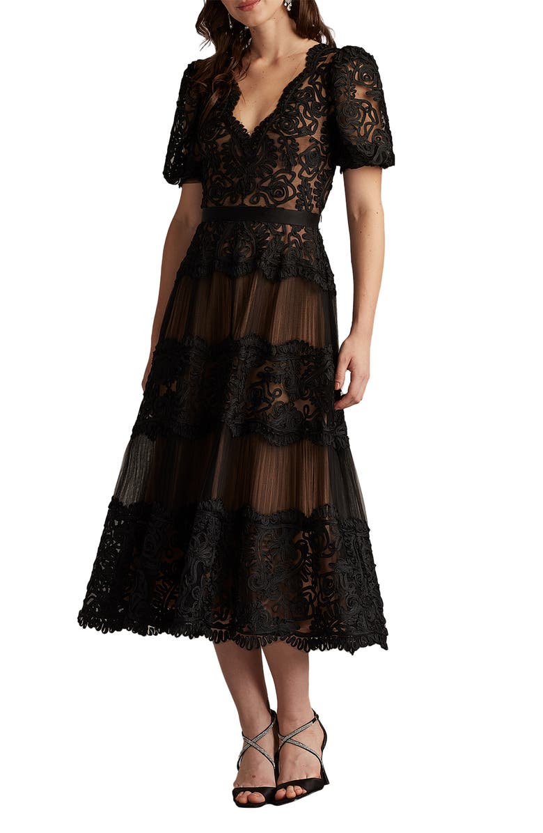 Tadashi Shoji Soutache Lace Cocktail Dress, Main, color, Black/ Nude