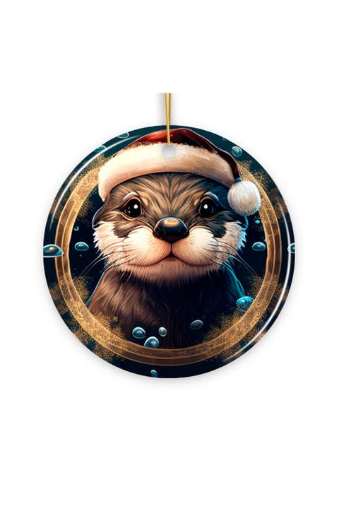 Santa Hat Otter Coastal Christmas Ceramic Ornament