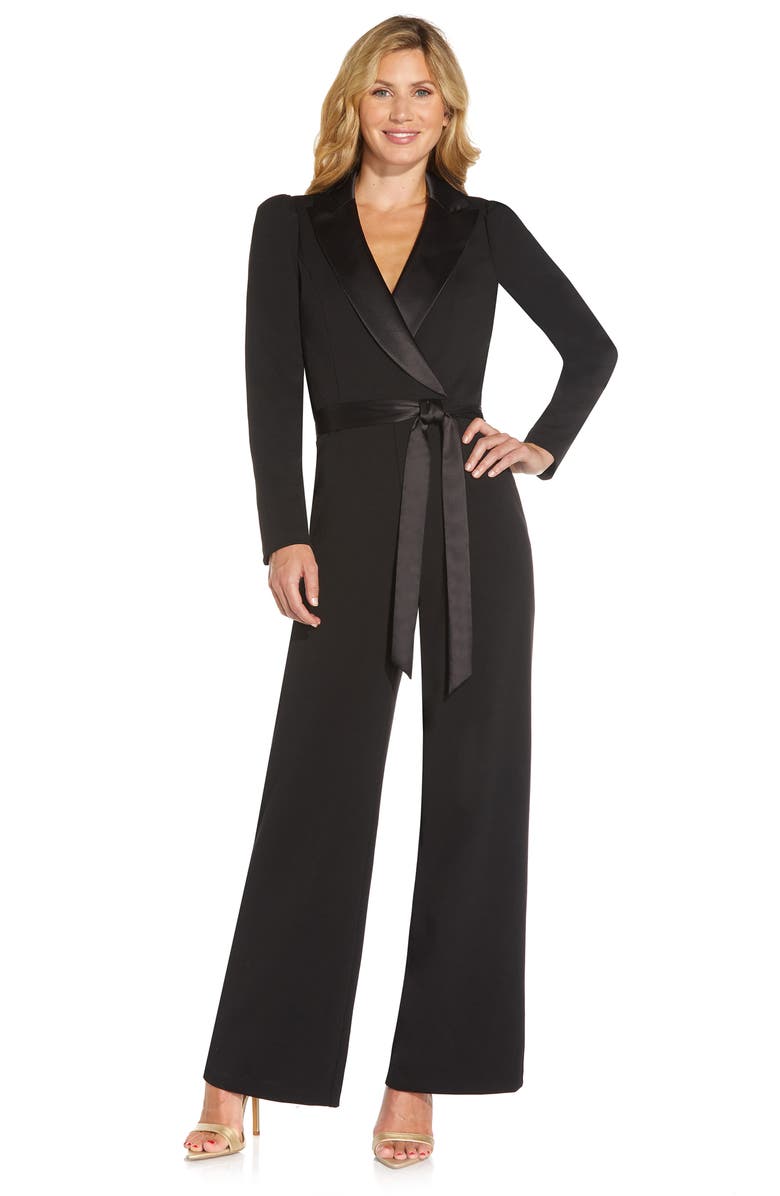 Adrianna Papell Satin Crepe Tuxedo Jumpsuit, Alternate, color, 