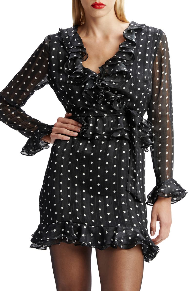 Bardot Polka Dot Frill Ruffle Long Sleeve Minidress, Alternate, color, Black Spot