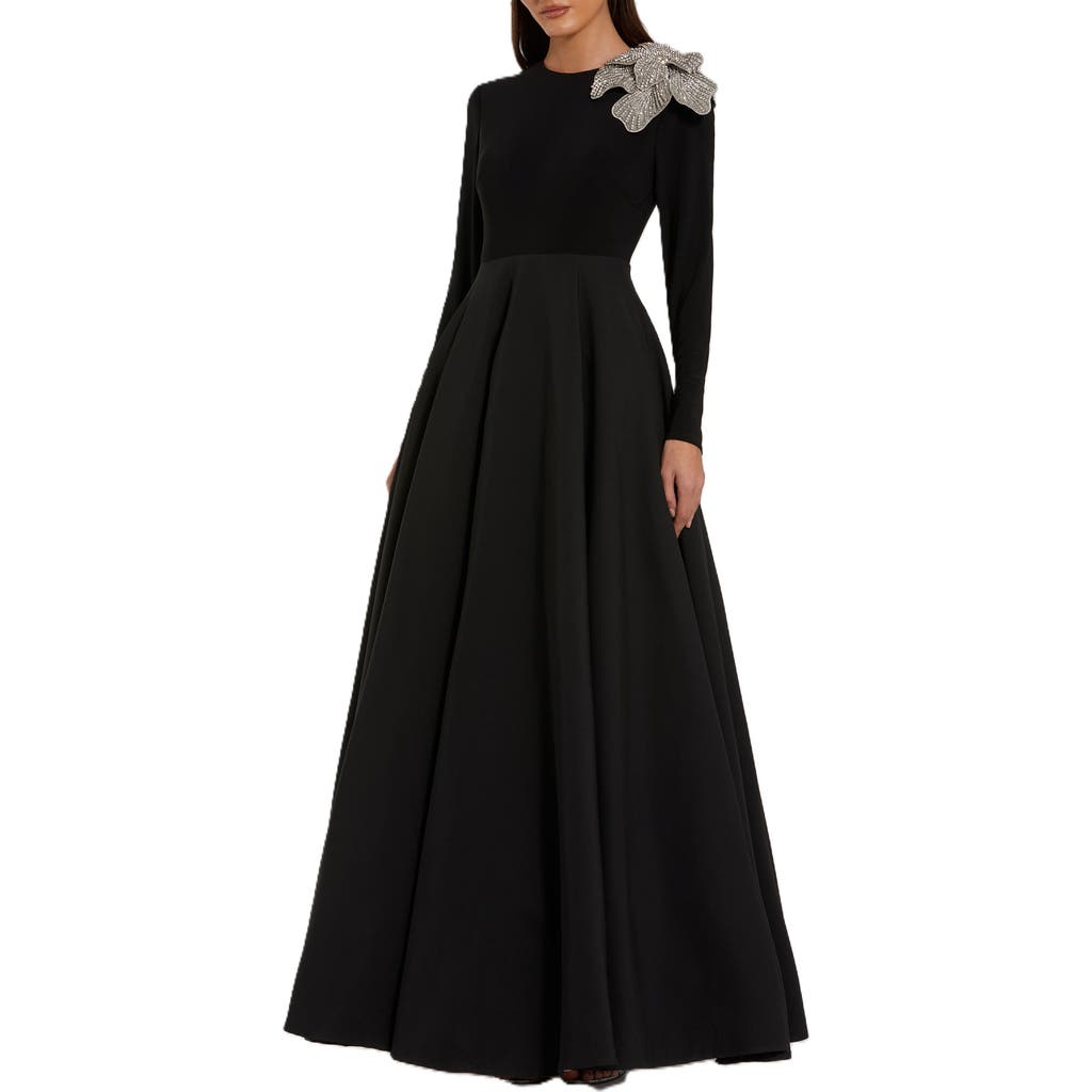 Mac Duggal Long Sleeve Taffeta Embellished 3d Flower Detail Ball Gown In Black